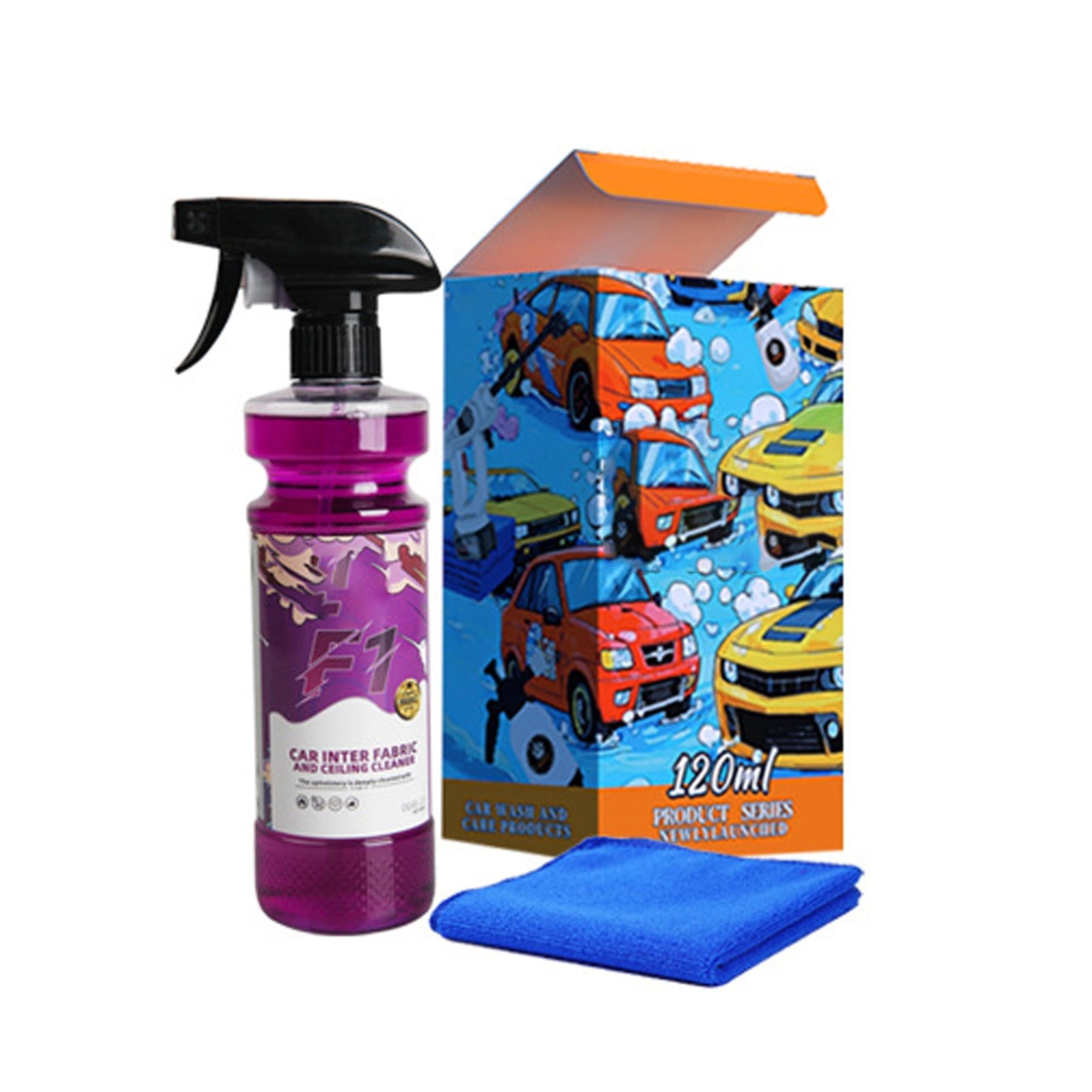 Walmart Title\nUltra-Strength Car Interior Cleaner & Color Safe Bleaching Formula  Removes Stubborn Stains from Seats, Carpets & All Surfaces | Gentle Non-Damaging Solution w/ Free Towel (120ml)