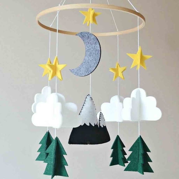 Woodland Baby Crib Mobile with Trees Clouds Stars, Felt Nursery Hanging Decor for Bassinet, Eco-Friendly Boys Girls Room, Baby Shower Gift, Adjustable 7.9" Bamboo Hoop