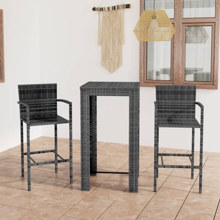 Walmeck 3 Piece Patio Bar Set with Armrest Poly Rattan Gray