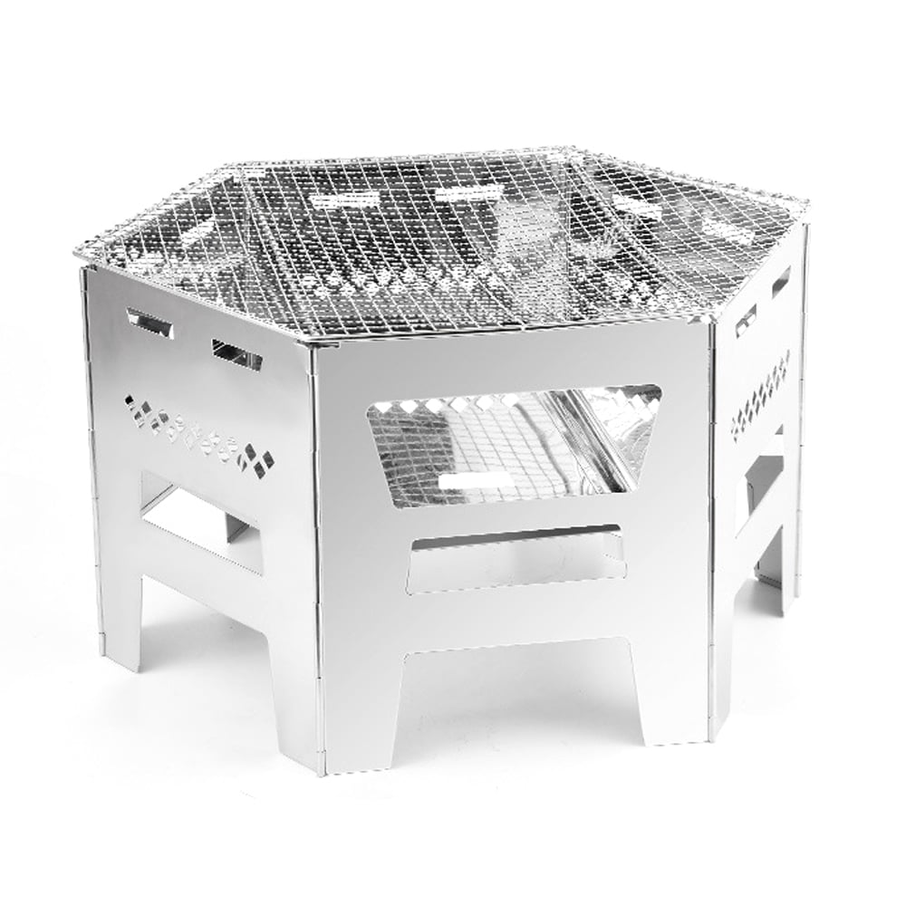 Walmeck Foldable BBQ Grill Portable Charcoal Grill Stainless Steel Wood ...