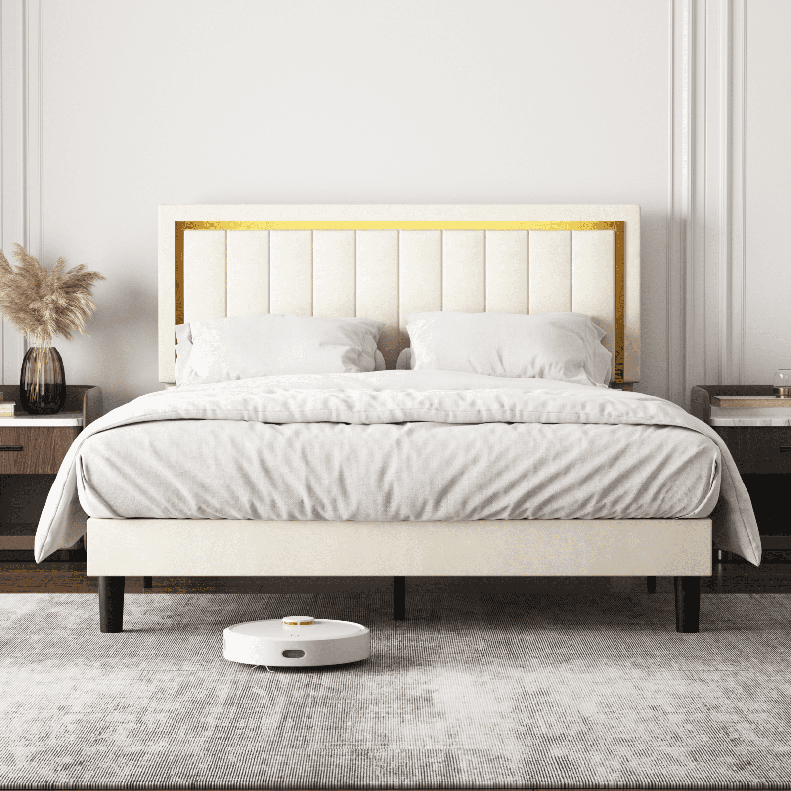 Walmeck Upholstered Fabric Bed Frame with Gold Trim Sleek and Stylish