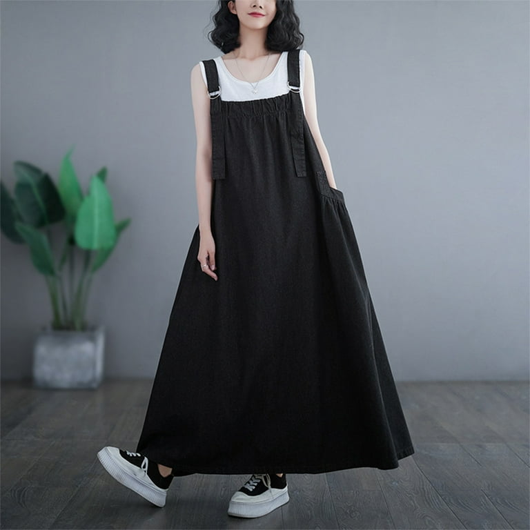 Walmeck Women Summer Vintage Loose Denim Overall Dress Adjustable Shoulder Straps Side Pockets Collar Solid Color Sleeveless Casual and Comfortable Ankle Length Pinafore Dress Suitable for Stud Walmar...