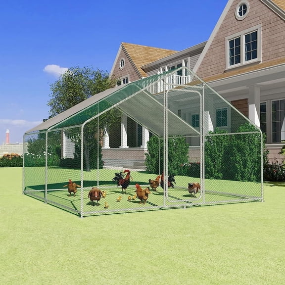 Walnest 10'x10' Large Metal Chicken Coop Walk-in Poultry Cage with Waterproof&Anti-UV Cover, Galvanized Steel Spire Top Coops with Door for Outdoor Backyard Farm Use