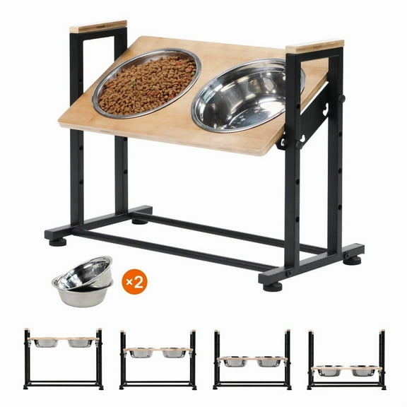 Walnest Elevated Dog Bowls Stand with 2 Stainless Steel Dishes&Non-Slip Feet,Adjustable Raised Cat Dog Bowl Stand Feeder Dog Food and Water Bowls for Medium/Large Dogs Cats and Pet,Bamboo