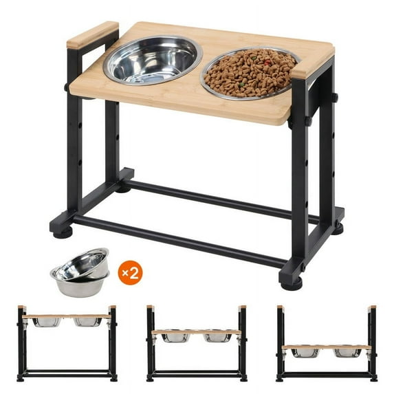Walnest Elevated Dog Bowls Stand with 2 Stainless Steel Dishes&Non-Slip Feet,Adjustable Raised Cat Dog Bowl Stand Feeder Dog Food and Water Bowls for Small Dogs Cats and Pet,Bamboo