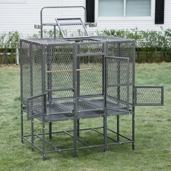 Walnest Heavy Duty Large Bird Aviary Cage 44x28.74x44.5-65 Inch, Rustproof Outdoor Bird Cage with 2 Feeding Bowls & Feedable Doors for Parrot, Eagle, Pigeon, Hornbill & Large Birds