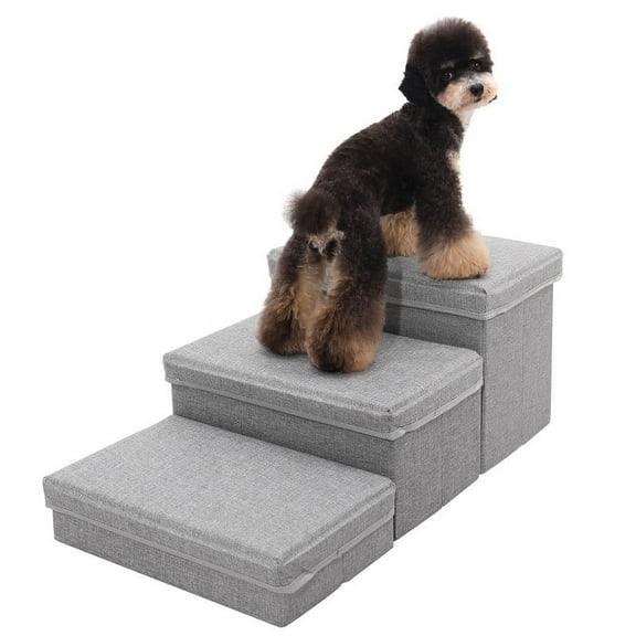 Walnest Pet Stairs 3-Step Dog Step Stairs Pet Ladder Cover Removable Comfortable Dog Ramp with Storage Boxes,Folding Dog Ramp Stairs for Beds Couches,Gray