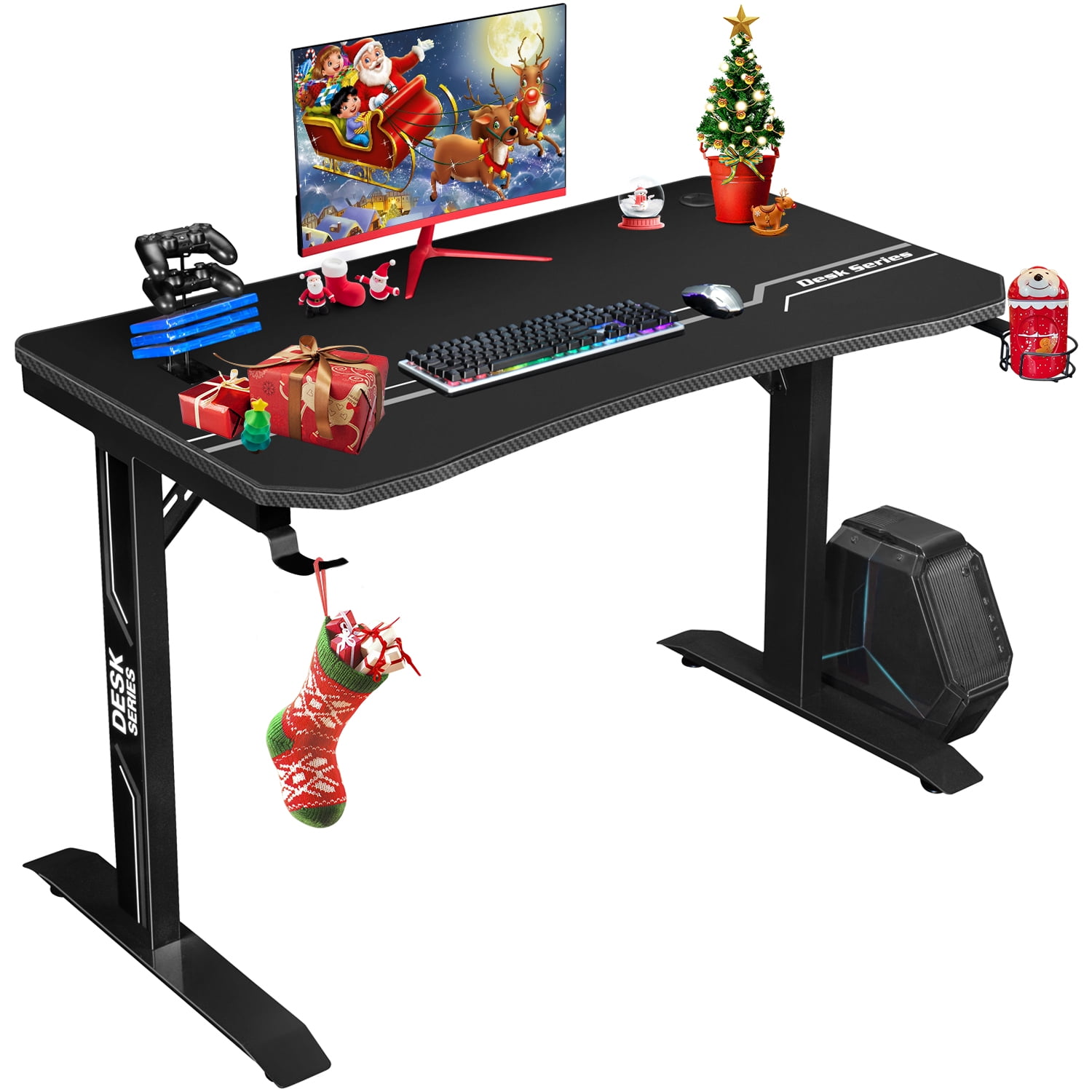 Walnew 55 inches Widen T-Shape Frame Gaming Computer Desk PC Gaming Desk Racing Style Carbon Fiber Surface Office Desk With Cup Holder and Headphone Hook (Black)
