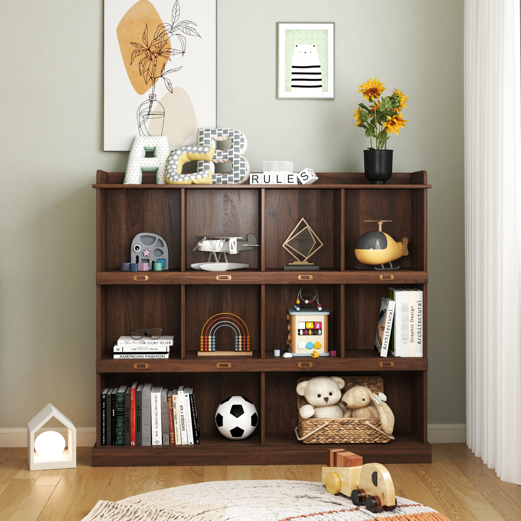 Walnut 10-Shelf Wooden Bookcase | Cubbyhole Design for Various Items