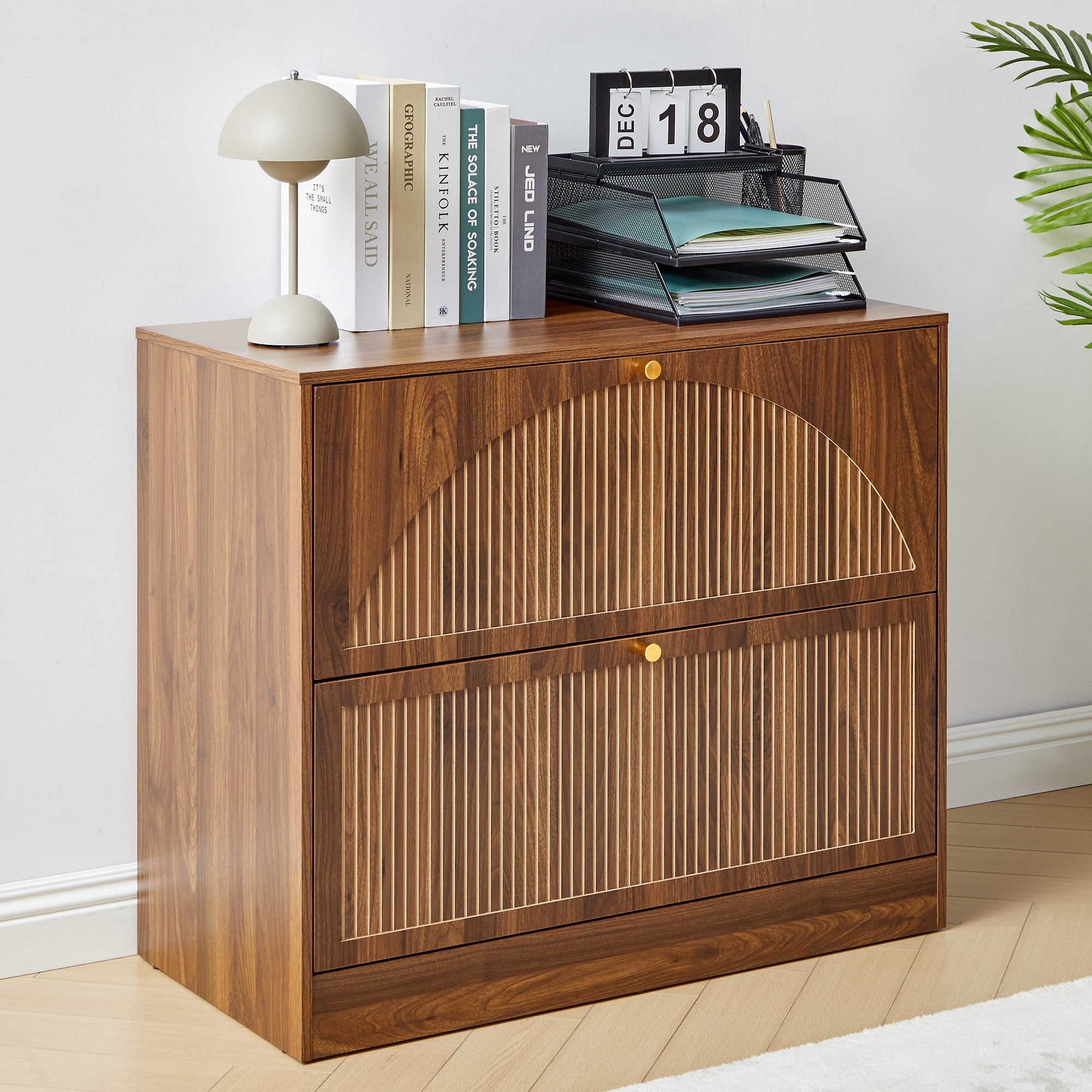 Walnut 2-Drawer Wood File Cabinet, Vertical Filing Cabinet for Letter/A4-Sized Files, Modern Fluted Design Storage Organizer, Easy to Assemble for Home Office