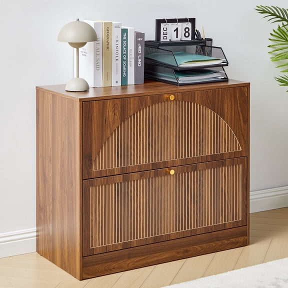 Walnut 2-Drawer Wood File Cabinet, Vertical Filing Cabinet for Letter/A4-Sized Files, Modern Fluted Design Storage Organizer, Easy to Assemble for Home Office