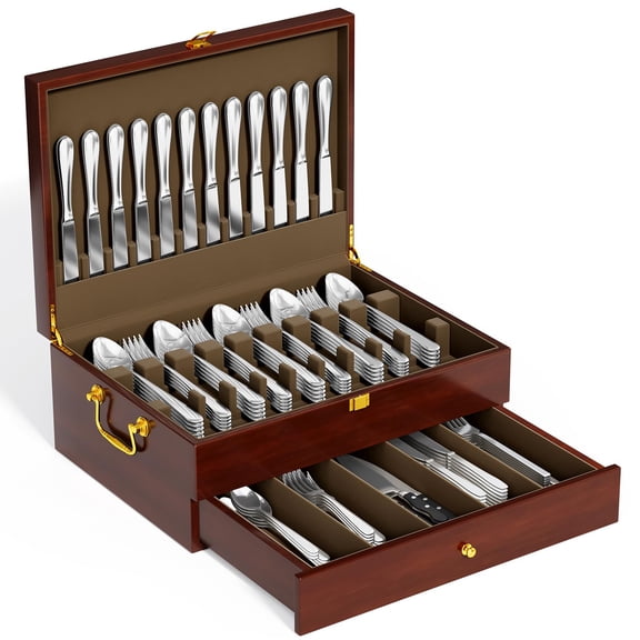 Walnut 2 Layer Flatware Storage Chest with Felt Lining for 12 Sets