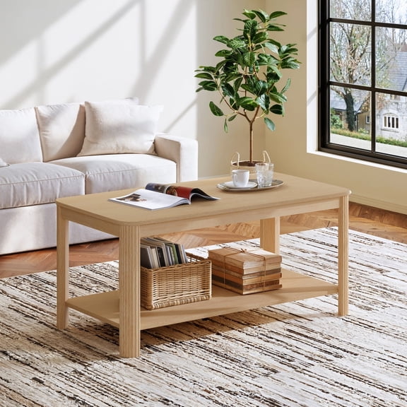 39.4" Wood Coffee Table, Arc Corner Wave Legs - Light Oak 2-Tier Storage Shelf