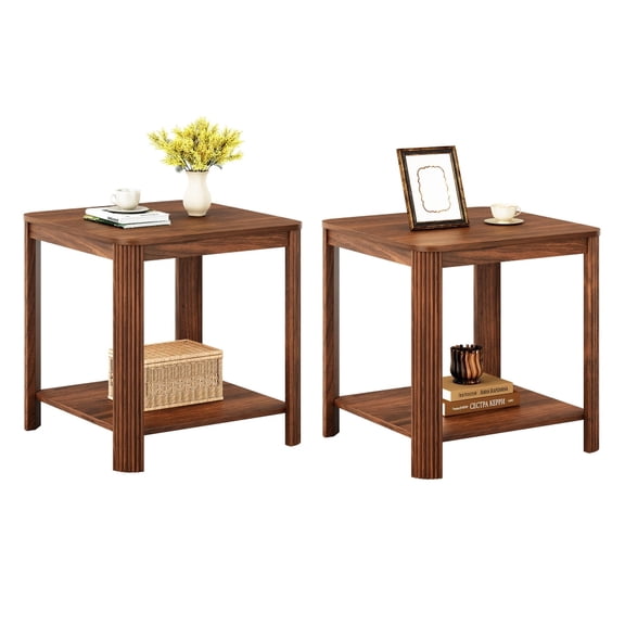 Rounded Corner End Tables Set of 2, 22.1" Walnut 2-Tier Side Table - Boho Style