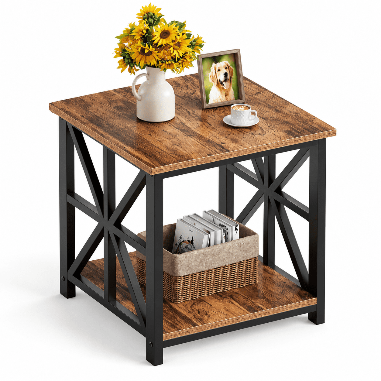 Walnut 24inch 2-Tier End Table With X-shaped Metal Frame For Living ...