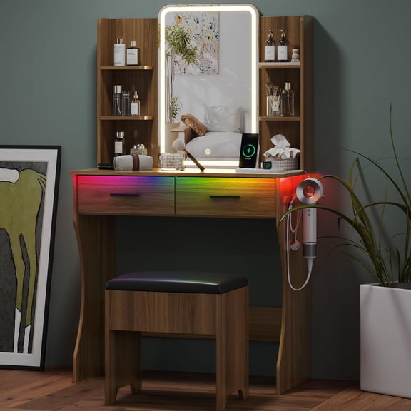 Walnut 29.88x15.09x51.30 in Small Vanity Desk with Mirror and Lights Makeup Dressing Table
