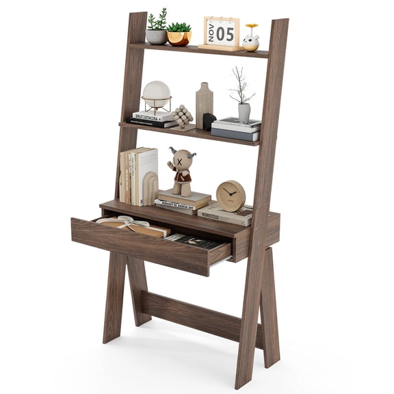 Walnut 3-Tier Leaning Ladder Desk With Drawer, Freestanding Bookshelf For