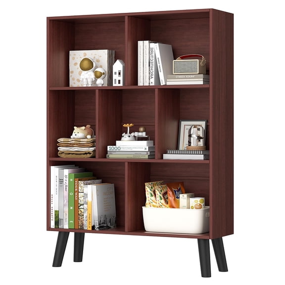 Walnut 3-Tier Modern Cube Bookshelf With Legs, 5-Compartment Wooden Storage Organizer For Living Room Study