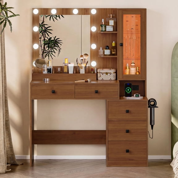 Walnut 39.4x15.6x55.3 in Makeup Vanity Desk with Mirror and Lights and 5 Drawers