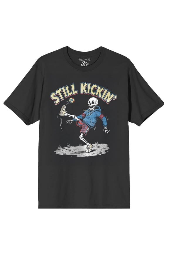 Walnut & 39th Still Kickin' Skeleton Soccer Graphic Tee - Men's Short Sleeve Crew Neck T-Shirt with Vintage Retro Art-Small