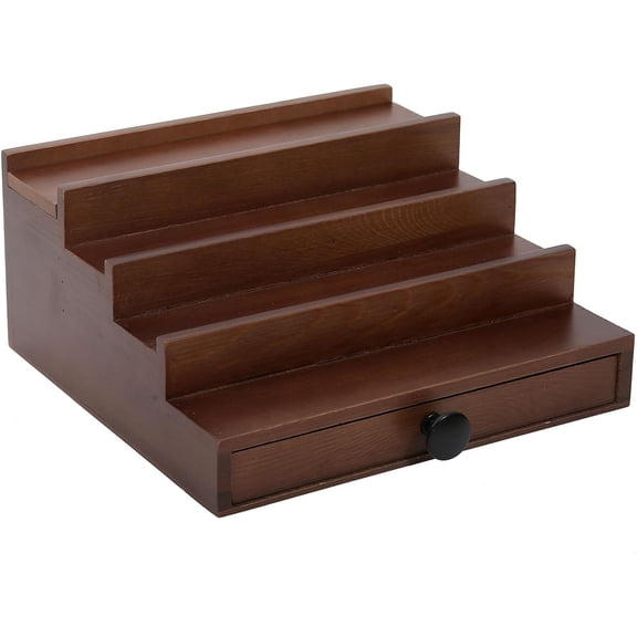 Walnut 4 Tier Wooden Cologne Organizer with Drawer and Hidden Compartment
