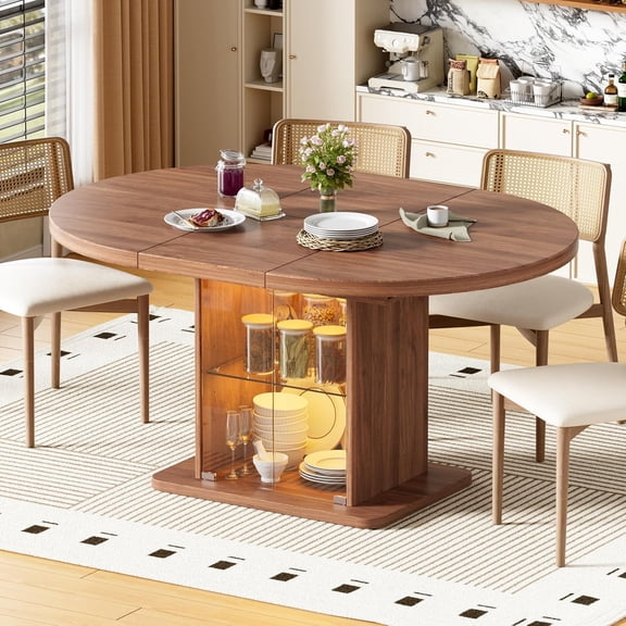 Walnut 43-59 Inch Extendable Round Dining Table for 4-8 with 2-Tier Storage Shelf and Lights, Expandable Oval Table