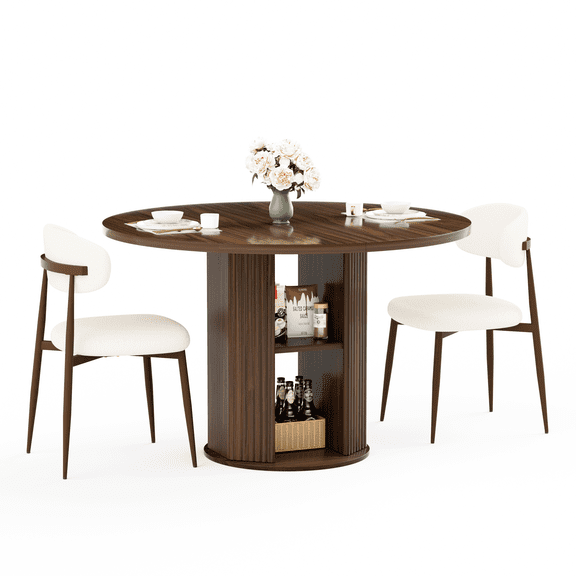 Walnut 47.24 Inch Round Dining Table Set with 2 Chairs Double-Tier Storage for 2-4 People Dining Room