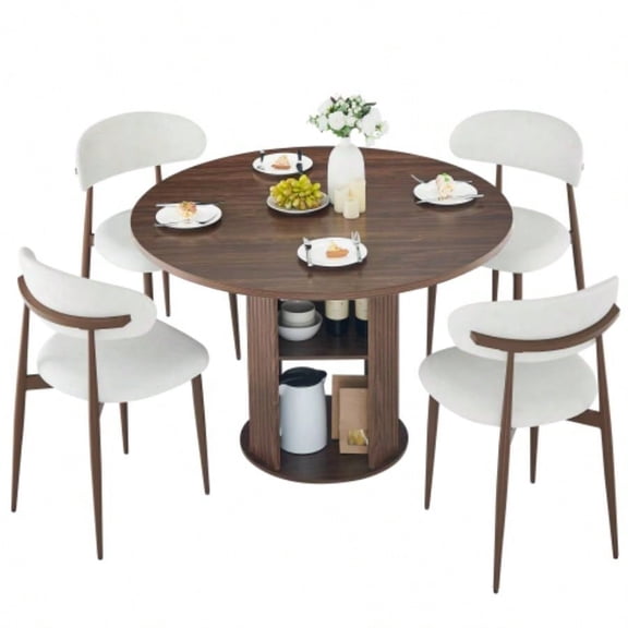 Walnut 47.24 Inch Round Dining Table Set with 2 Chairs Double-Tier Storage for 2-4 People Dining Room