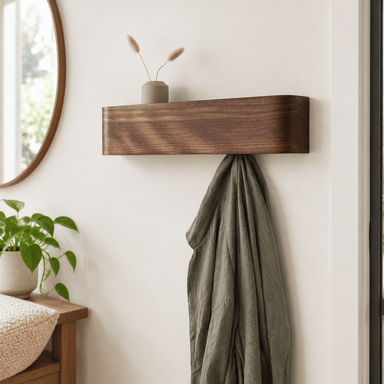 Wall Moount Rack Walnut 5 Hooks Wall-Mounted Solid Wood Veneer Coat Rack With Shelf ...