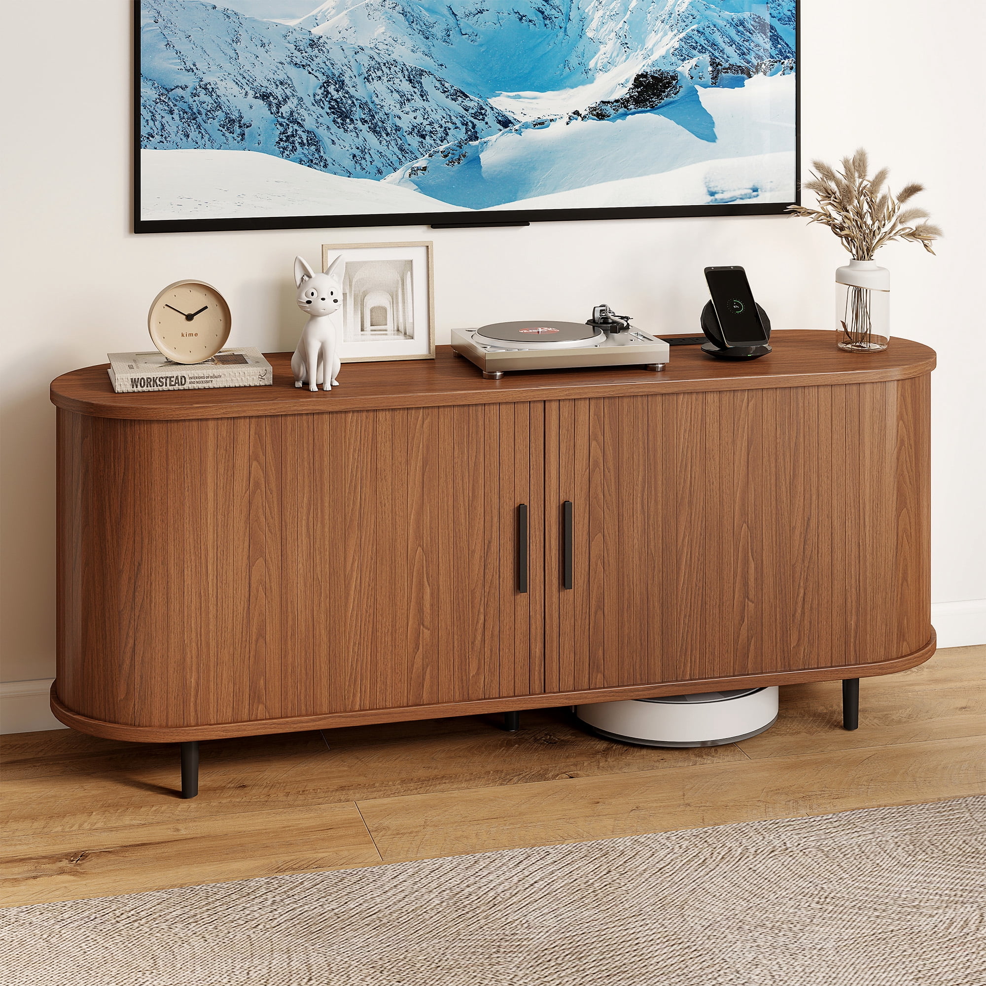 Walnut 55" TV Stand with Power Outlet, Modern Entertainment Center for TVs up to 60", Media Console with Storage Shelves & Sliding Doors