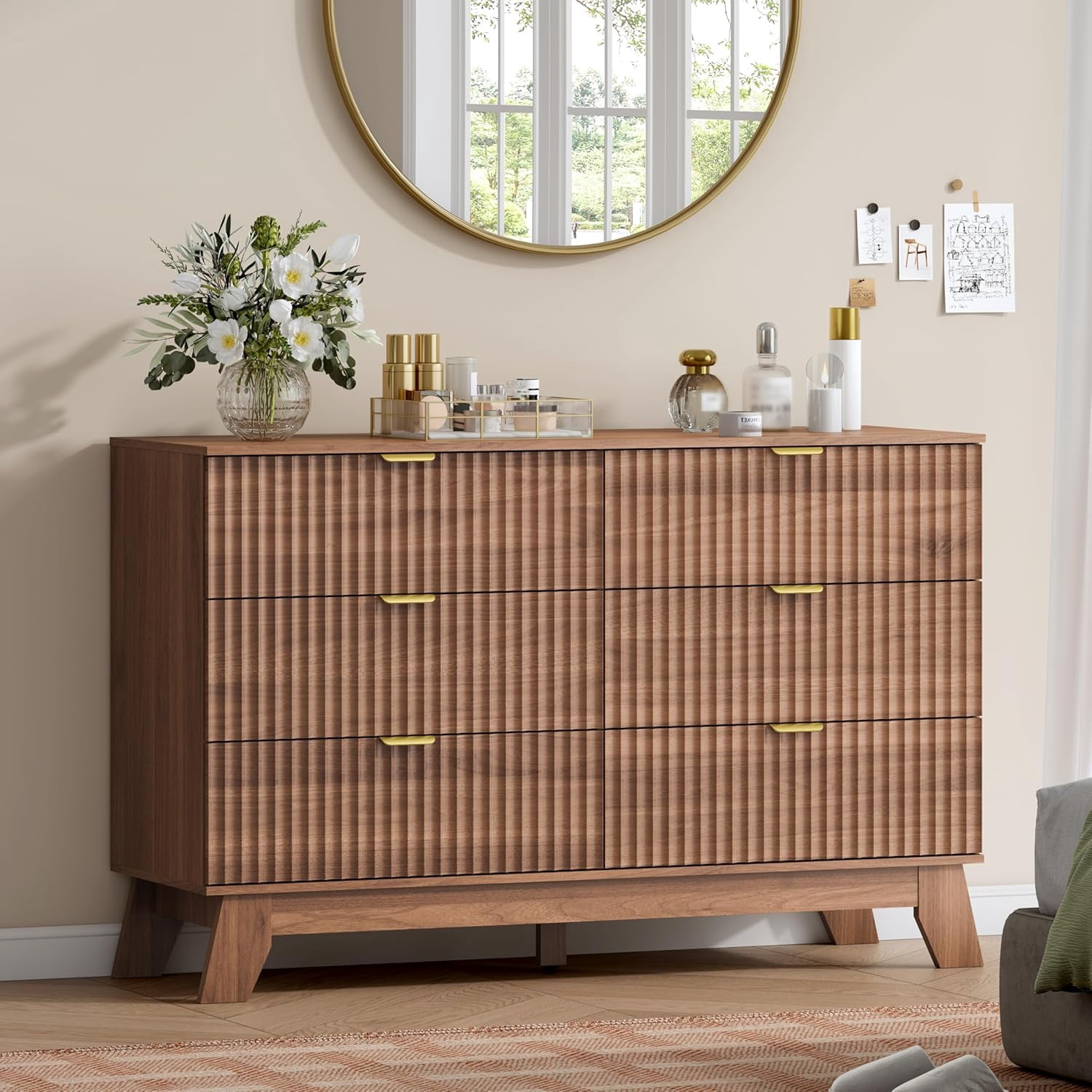 Image showcasing 6 Drawer Dresser for Bedroom, Mid Century Modern Dresser with Curved ...