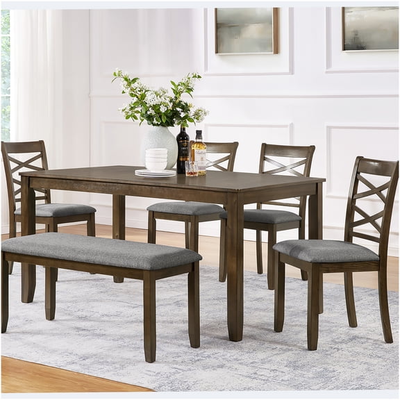 Walnut 6-Piece Dining Set with Table, 4 Chairs, and Bench for 6, Acacia Wood Kitchen Table Set for Dining Room