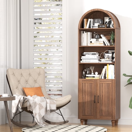 Walnut 71"H Arched Bookcase, 6-Tier Bookshelf Storage Cabinet with Doors and Open Display Shelves