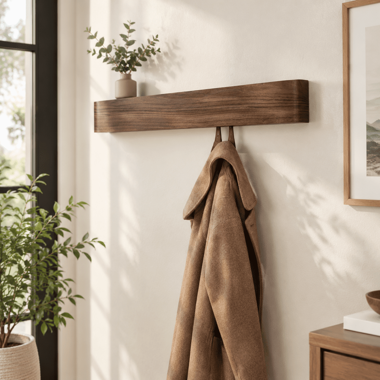 Wall Moount Rack Walnut 8 Hooks Wall-Mounted Solid Wood Veneer Coat Rack with Shelf ...