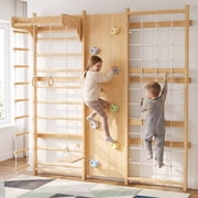 Avenlur Walnut 9-in-1 Swedish Ladder Wall Gym Kids, Indoor Climbing Wall Montessori Indoor Playground & Jungle Gym, Rock Climbing Wall for Kids, Rope Ladder, Slide, Swing 78.8"