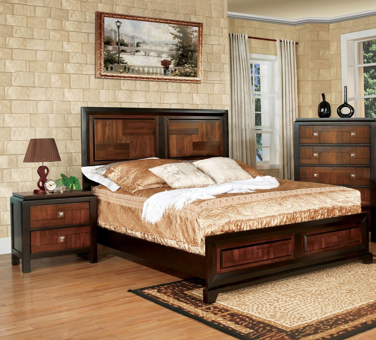 Walnut Acacia Finish Two Tone 3pc Master Bedroom Furniture Full Size Bed 2x Nightstands Transitional Look Solid wood