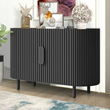 Walnut Accent Storage Cabinet, Curved Sideboard Cabinet, Atumon Storage Cabinet with 4 Doors and Adjustable Shelves, Modern Buffet Sideboard, Wood Cabinet Furniture for Entryway Hallway Living Room