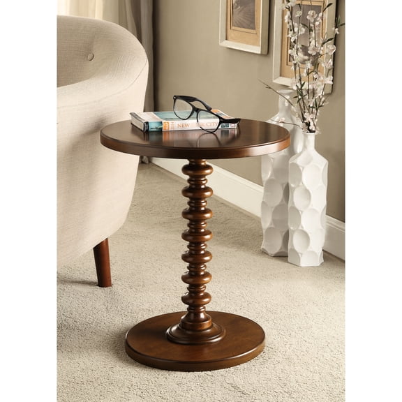 Walnut Accent Table With Round Pedestal, Turned Base, 22" Height Finish Pedestal Table, Smooth Top, 17" Deep