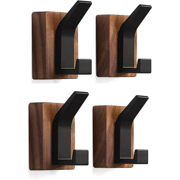 Walnut & Aluminum Rustproof Wall Hooks, Coat & Hat Hangers, 4-Pack, Brown