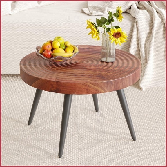 Walnut Annular Texture Coffee Table with 2-Inch MDF Top & Black Metal Legs, Easy-Clean & Sturdy for Living Room