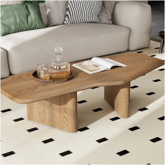Walnut Ash Wood Coffee Table for Small Living Room, Rustic Free Form Sofa Table with Organic Edge