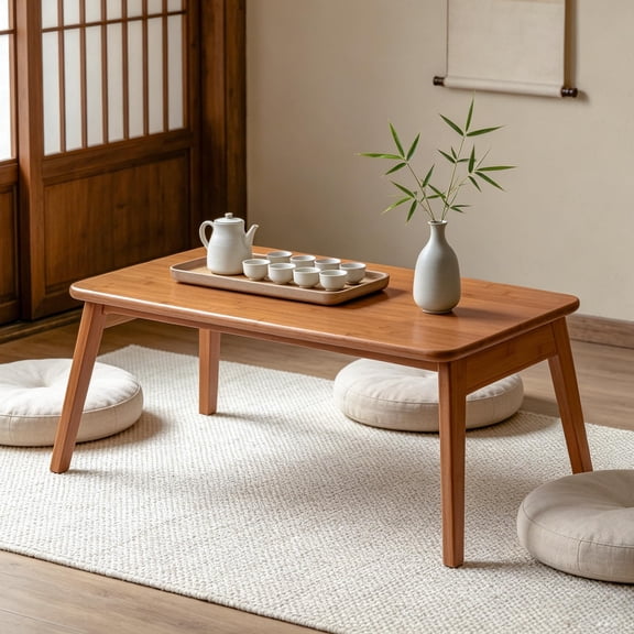 Walnut Bamboo Low Coffee Table, Japanese Style Floor Table for Living Room