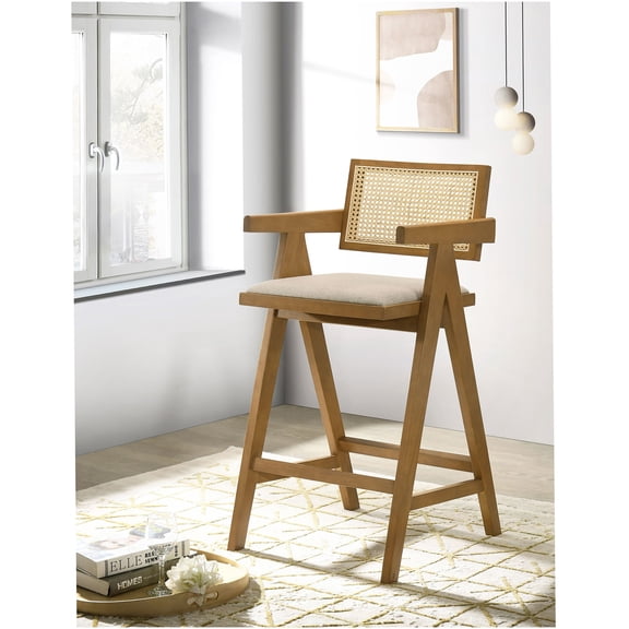 Walnut Bar Stools Set of 2, Modern Woven Rattan Bar Chairs with Fabric Upholstered Seats for Kitchen Island Counter