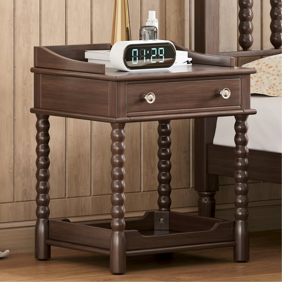 Walnut Bedside Table With Retro Flair - Drawer And Open Shelf, Elegant Turned Legs Metal Glass Walnut, Nightstand Angora