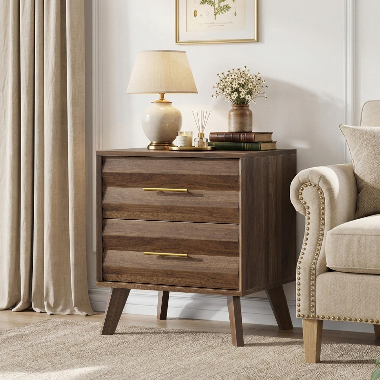 Walnut Bedside Table with Double Drawers and Metal Handles, Modern Nightstand and Side Storage Cabinet for Bedroom, Medieval-Style Design, Walnut