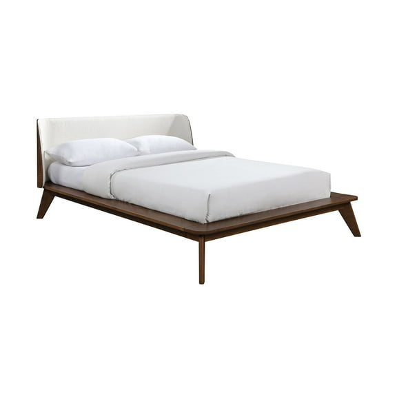 Walnut / Beige Color King Size Bed 1pc Fabric Winged Edge Headboard Platform Bedframe Mattress Ready Mid-Century Modern Style