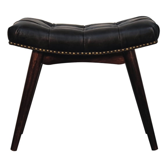 Walnut Bench With Mango Wood - Finish, Black Buffalo Leather Seat Elegant Deep Button Detail Finish Solid Wood, Attractive Style
