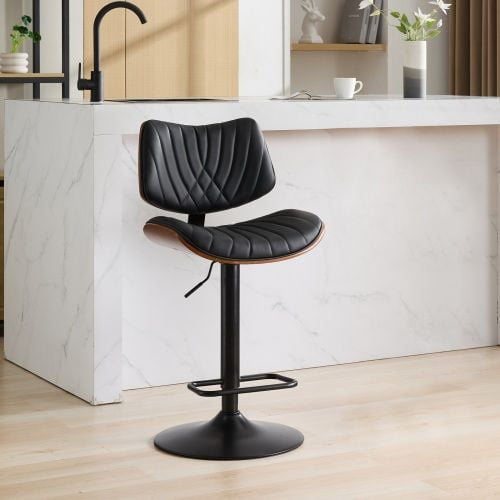 Walnut Bentwood Bar Stool, Mid-Century Modern Adjustable Swivel Counter Height Chair, 360° Rotate PU Leather Upholstered Tall Seat for Kitchen Island Dining Cafe, Black RLB