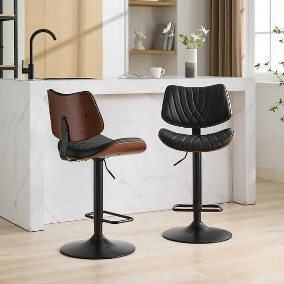 Walnut Bentwood Bar Stools Mid Century Modern Adjustable Counter Height Black Leather Upholstered 360Swivel Bar Chairs for Kitchen Island/Dining Room/Cafe, 1 chair/1carton,Black