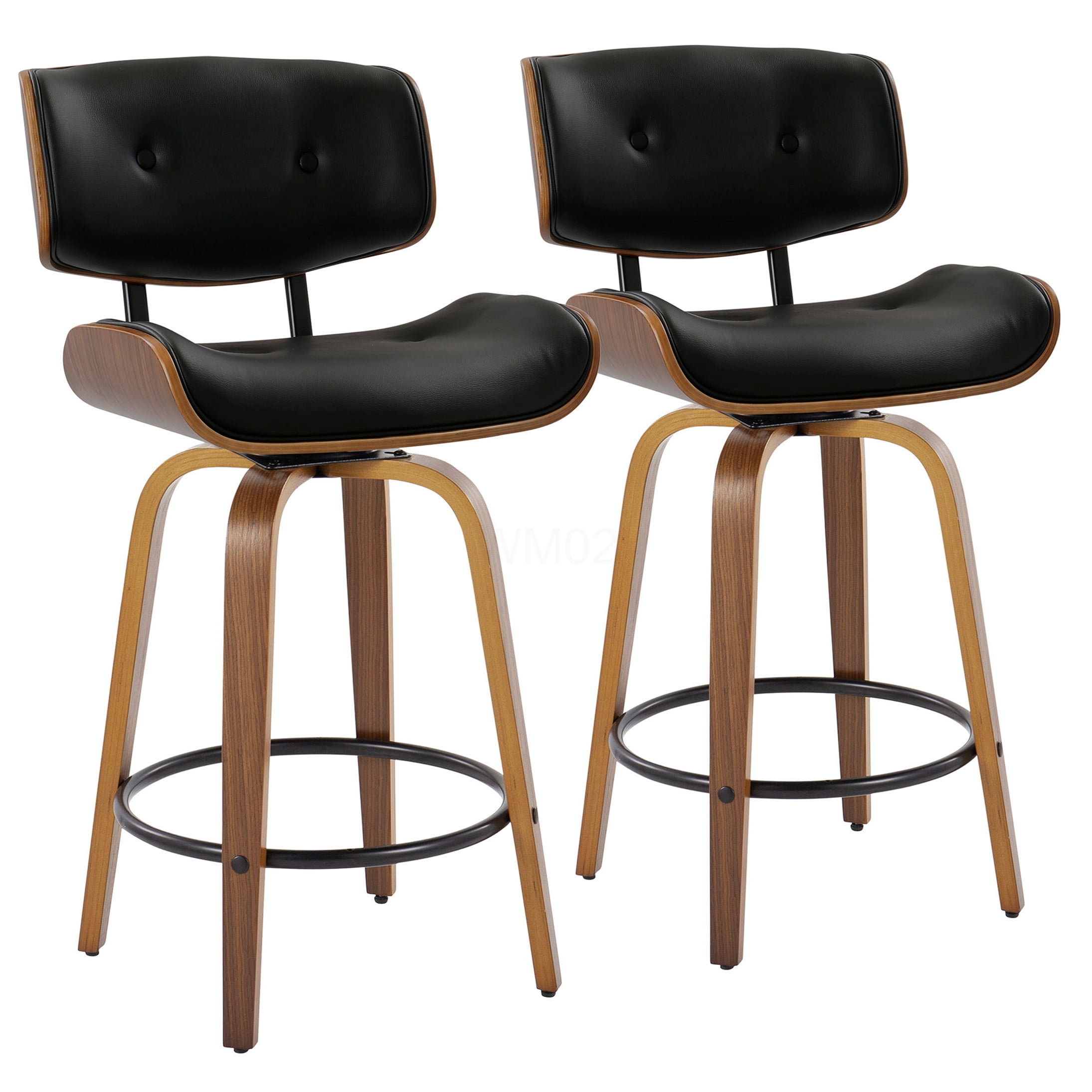Walnut & Black Faux Leather Counter Stool Set with Swivel and Footrest ...
